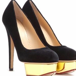 Charlotte Olympia Black Suede Platform Pumps with Gold Metallic Platform